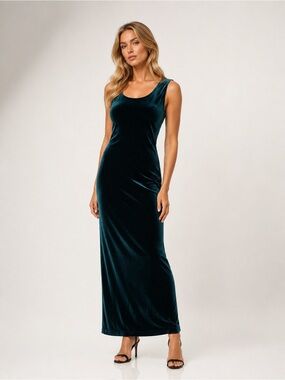 Vintage 90s Sleeveless Velvet Maxi Dress in Deep Teal